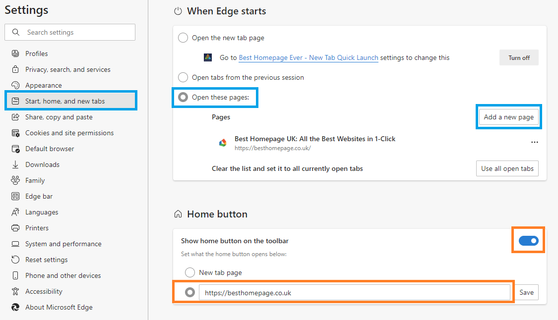 Microsoft Edge Settings for Homepage